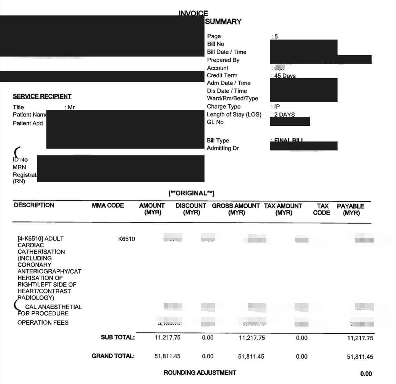 Redacted hospital bill summary for the cardiac catheterisation claim