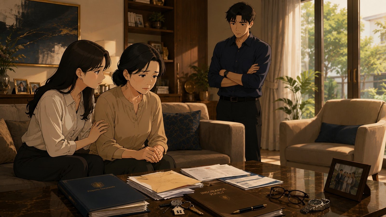 A mother and her adult children sitting together at home, going through documents after an unexpected loss