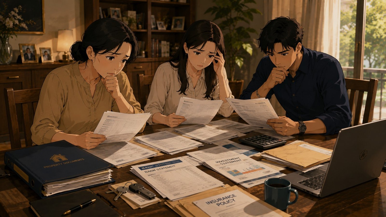 A mother and her adult son and daughter reviewing bank statements, property documents and insurance papers spread across a table