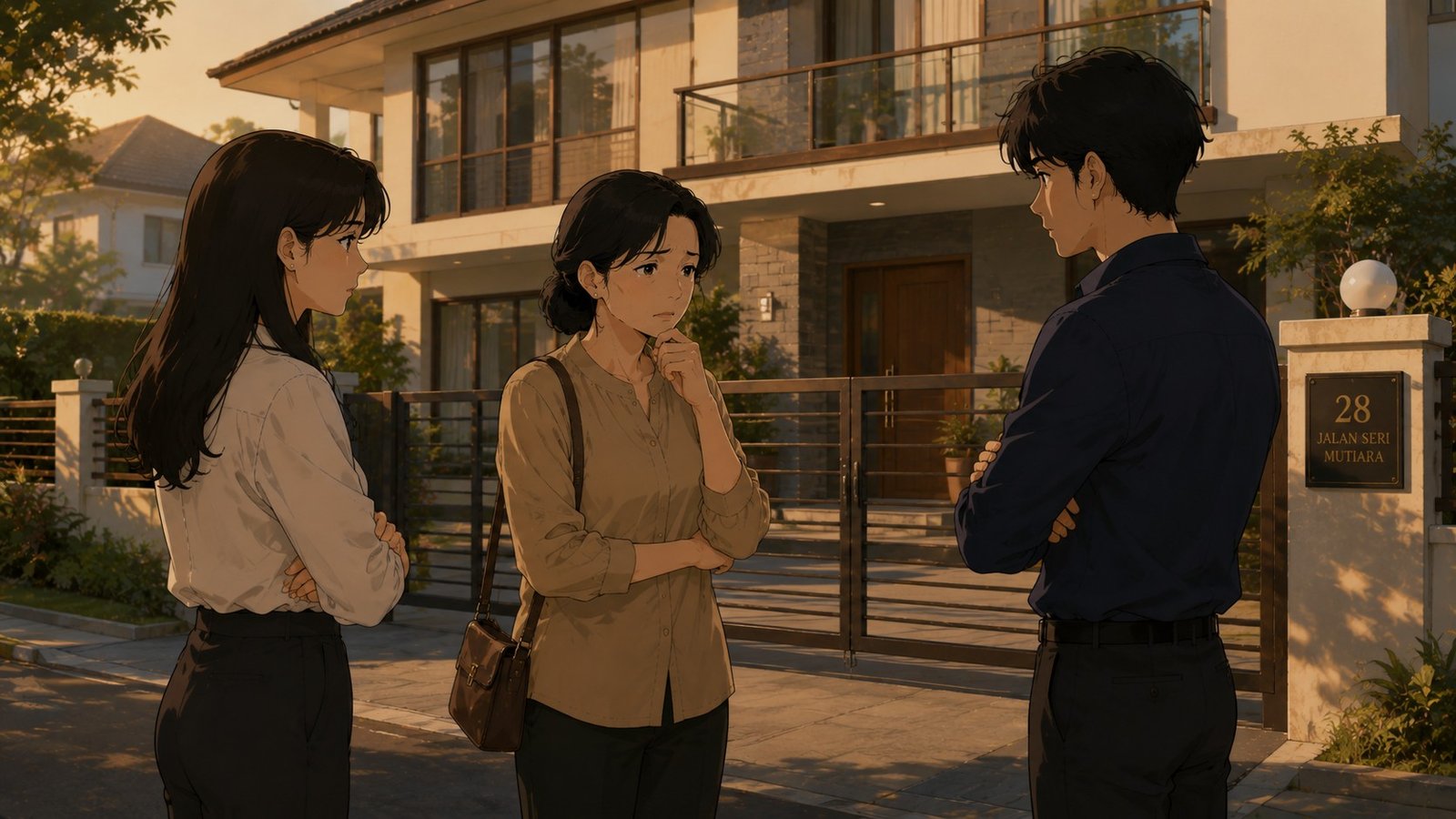 A mother and her adult son and daughter standing outside the family home, each with an uncertain expression