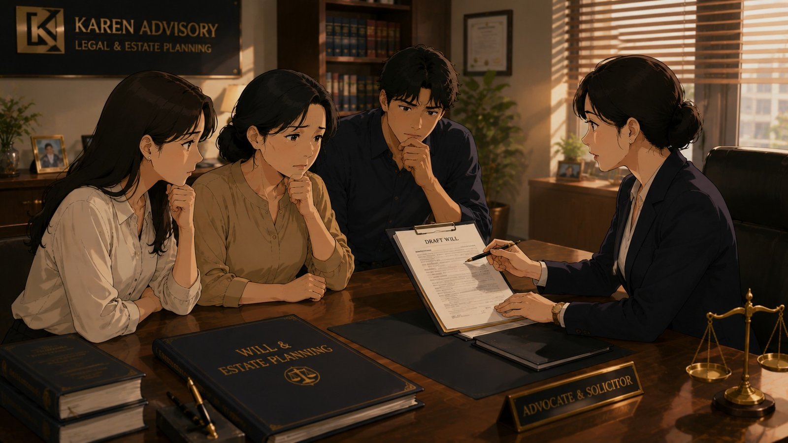 A mother and her adult children meeting with an advisor at a desk, reviewing a draft will document