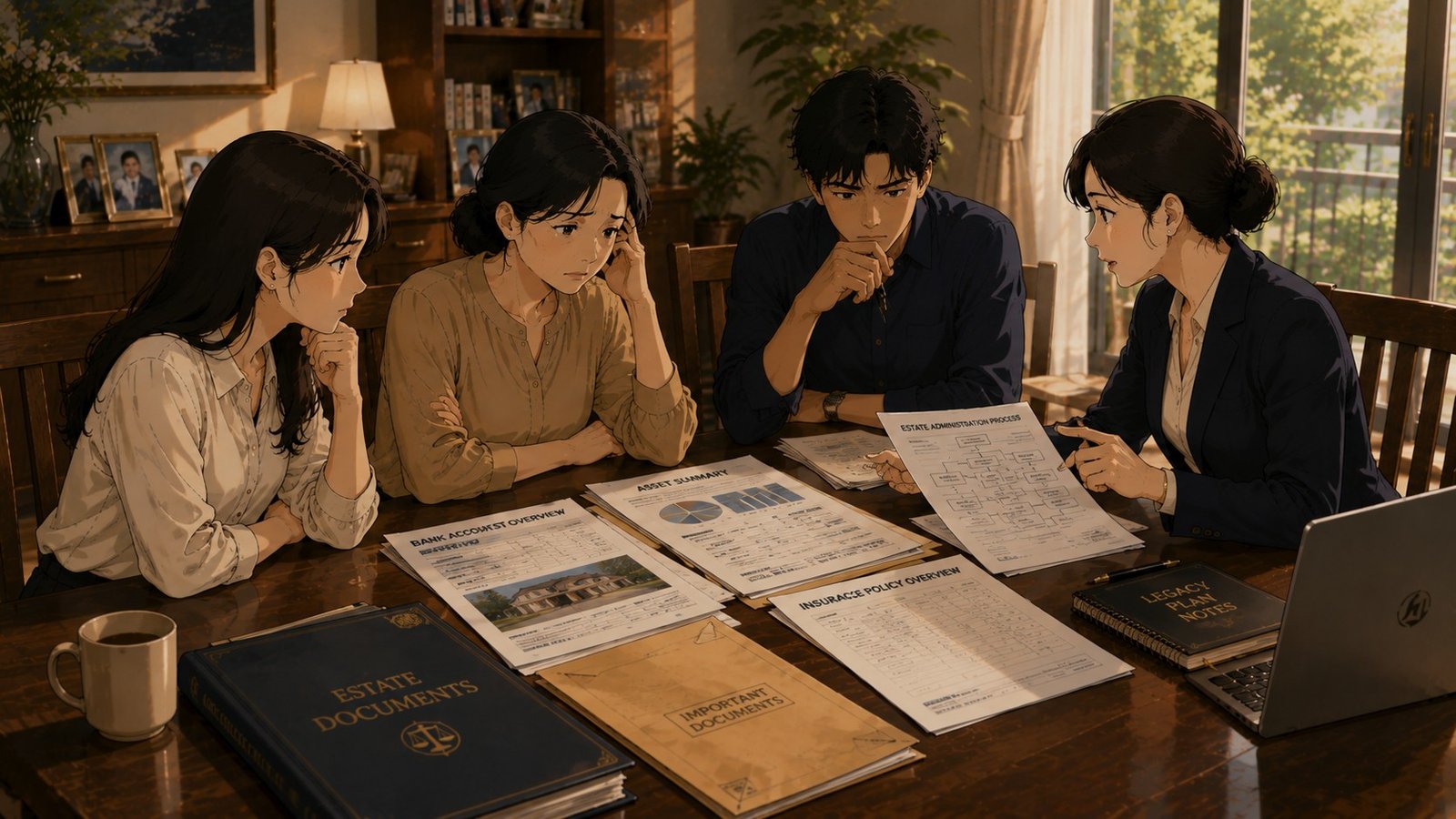 A family reviewing estate documents, asset summaries and insurance papers with an advisor at the dining table