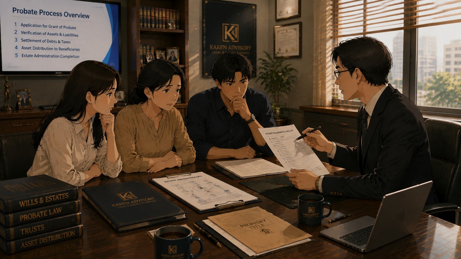A family in a consultation, with a probate process overview shown on screen while an advisor explains the steps