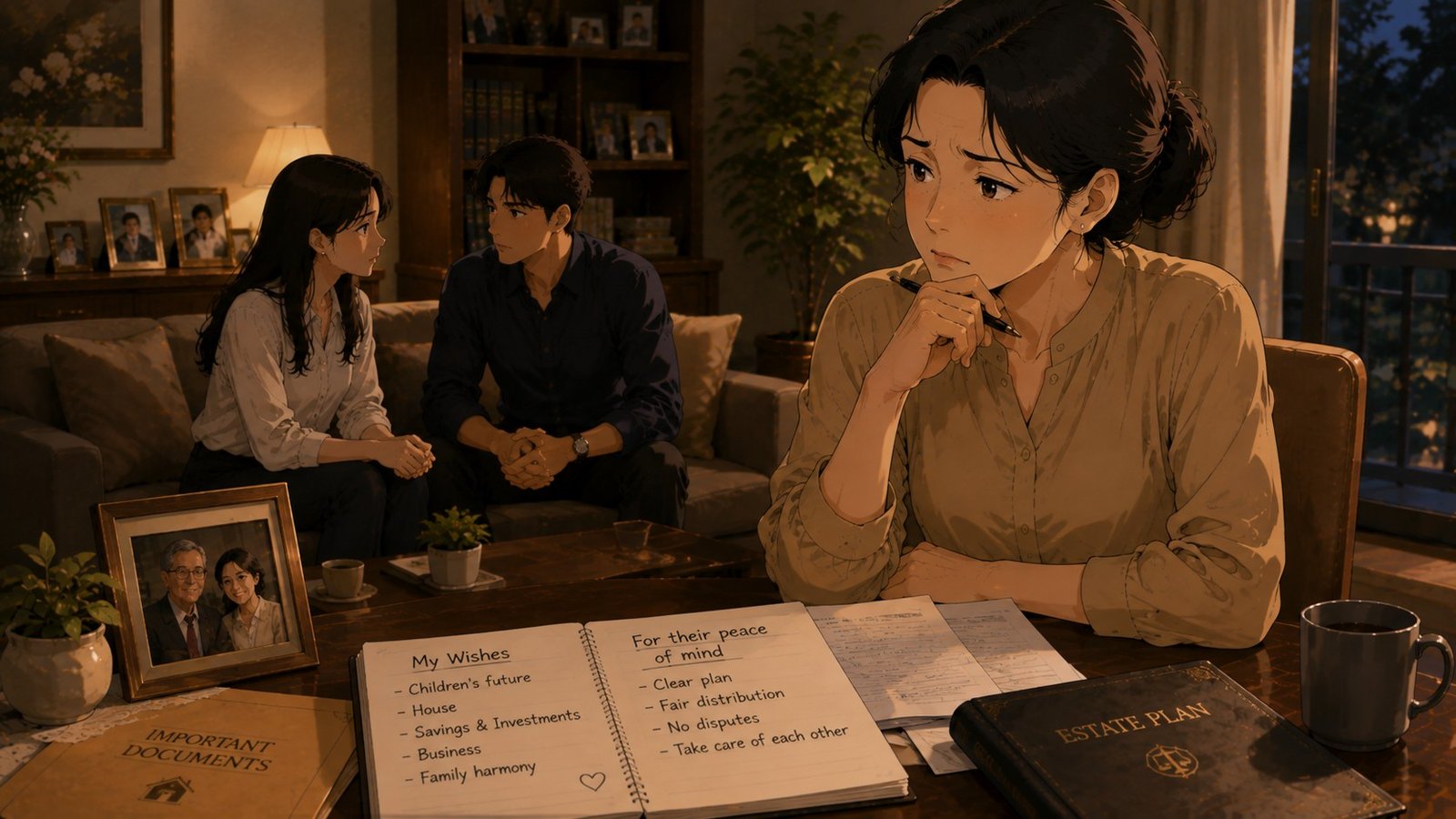 A mother sitting alone, reflecting thoughtfully while her adult son and daughter talk quietly in the background
