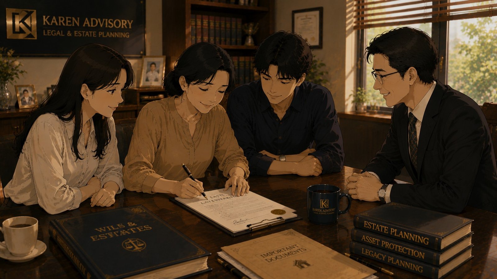 A mother signing a last will and testament document with her adult children and an advisor at the table